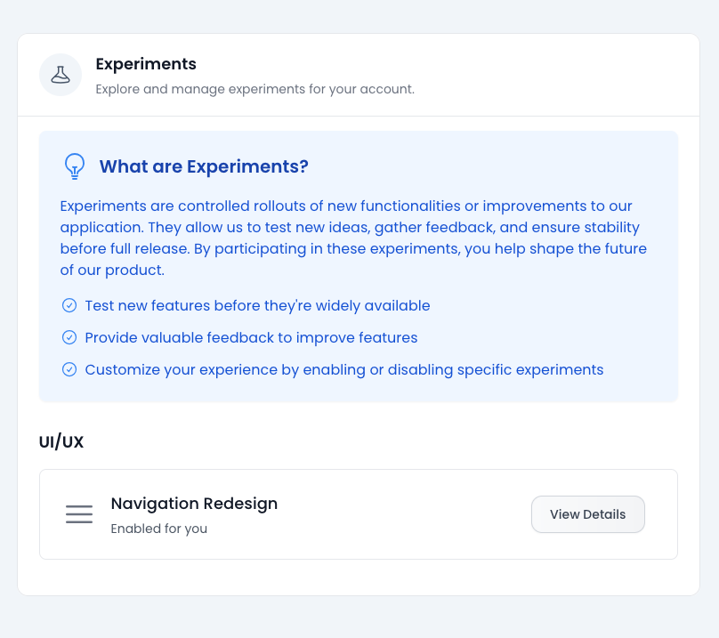 A screenshot of the experiments manager